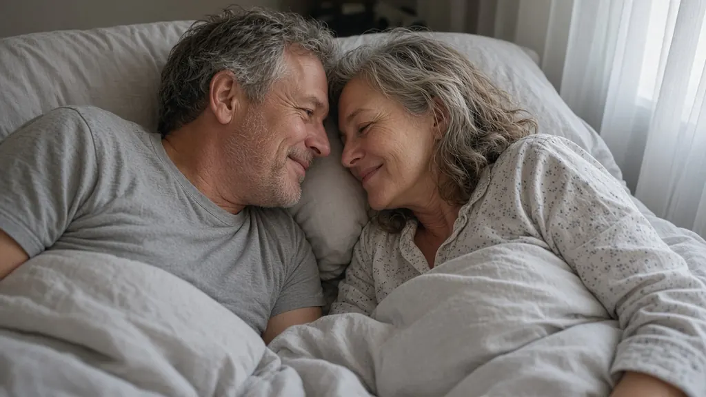 Couple around fifty lying clothed in bed close together, foreheads almost touching