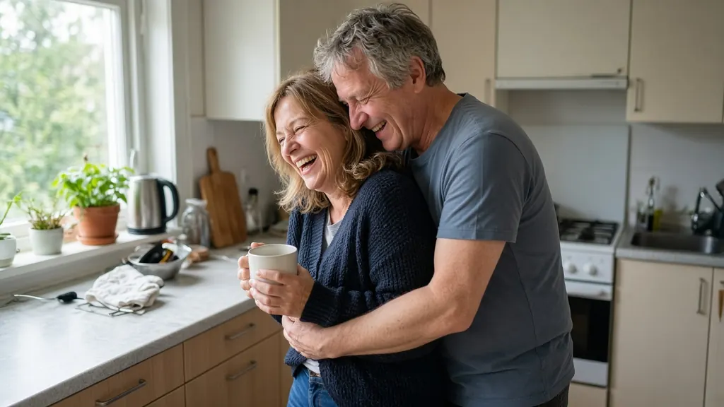 Couple around fifty hugging and laughing together in an ordinary home kitchen